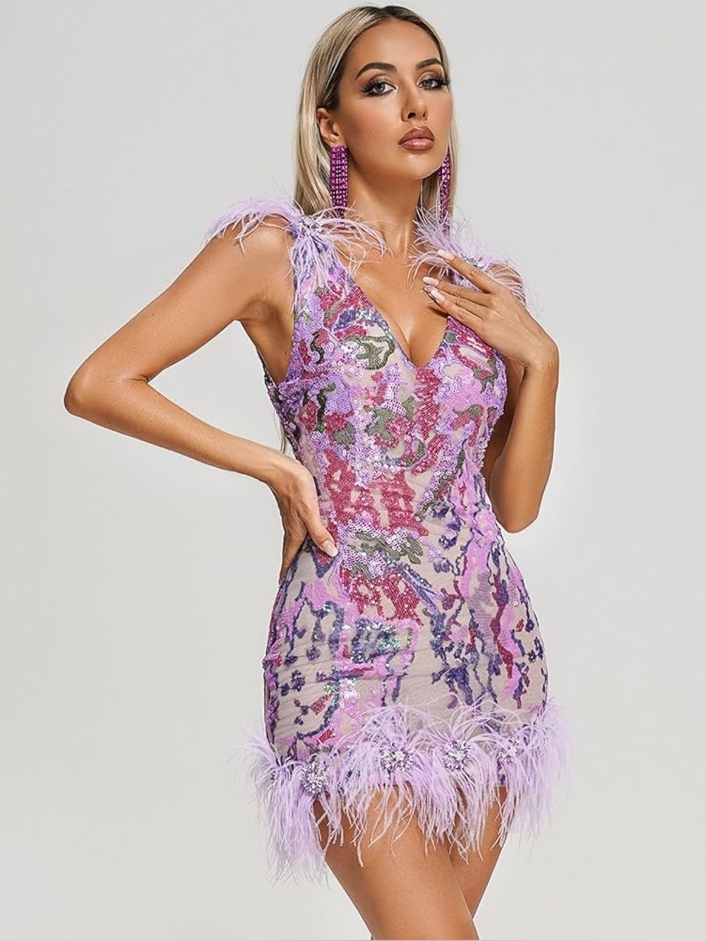 Bella Barnett Pink Sequin Bodycon Dress with Feathers NWT - Size Small